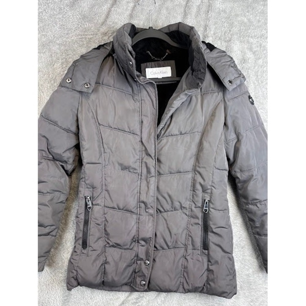 Calvin Klein XS Gray Puffer Coat Hooded Lightweight Quilted Winter Jacket